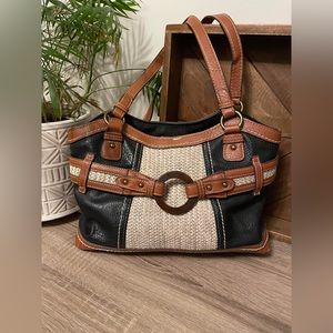 BOC Shoulder Handbag w/Wood Straw and Metal Accents